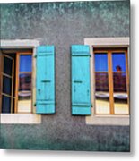 Blue Shuttered Windows In Carouge Geneva Metal Print