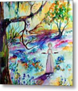 Bluebells Forest And Savannah Bird Girl Watercolor Metal Print