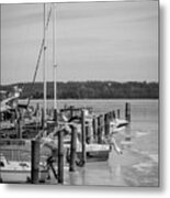 Boats In Icy Harbor In Black And White Metal Print