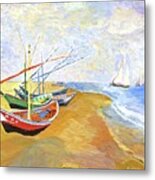 Boats On The Beach At Saintes-maries After Van Gogh Metal Print