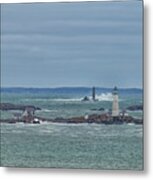Boston And Graves Lighthouses Waves Metal Print