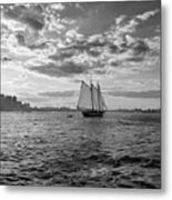 Boston Harbor Sailboat Boston Ma Black And White Metal Print