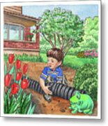 Boy In The Garden Helping Parents Metal Print