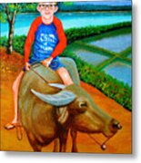 Boy Riding A Carabao Metal Print