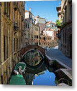 Canal With Boats And Blue Water In Lovely Venice Italy Metal Print