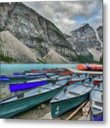 Canoes On Moraine Lake Metal Print