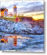 Cape Neddick Light Watercolor Metal Print