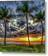 Oahu Hi Captivating Palm Trees Sunset Pacific Ocean Seascape Art Metal Print