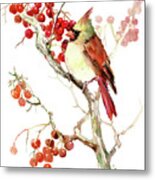 Cardinal Bird And Berries Metal Print
