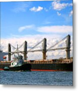 Cargo Ship And Tugboats Metal Print