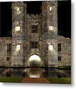 Castle At Night With Moat And Lights Glowing Metal Print