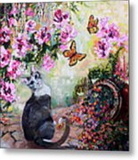 Cat And Butterflies In Cottage Garden Metal Print