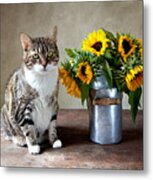 Cat And Sunflowers Metal Print