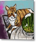 Cat With Watermelon Metal Print