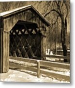 Cedarburg Covered Bridge In Winter Sepia Metal Print