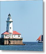 Chicago Harbor Lighthouse And A Tall Ship Metal Print