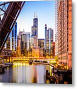 Chicago Skyline At Night And Kinzie Bridge Metal Print