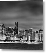 Chicago Skyline At Night Black And White Metal Print