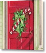 Christmas Illustration 1388 - Vintage Christmas Cards - Mistletoe And Candy On Front Door Metal Print