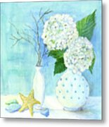 Cottage At The Shore 2 White Hydrangea Bouquet W Sea Glass And Starfish Metal Print