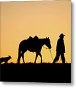 Cowboy And His Horse And Dog At Sunrise Metal Print