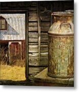 Creamery Milk Cans With Window View Of An Old Red Barn Metal Print
