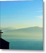 Cross And Foggy Moutains In Greece Metal Print