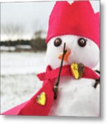Cute Snowmen Dressed As A King With Crown And Cape Metal Print