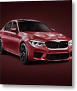 Dark Red 2018 Bmw M5 Performance Car Sport Sedan On Burgundy Bac Metal Print