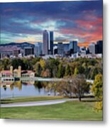 Denver Skyline And Mountains Beyond Lake Metal Print