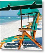 Destin Florida Beach Chairs And Green Umbrellas Square Format Metal Print