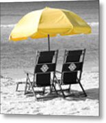Destin Florida Beach Chairs And Yellow Umbrella Square Format Color Splash Black And White Metal Print