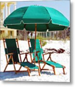 Destin Florida Empty Beach Chair Pair And Green Umbrella Square Format Metal Print
