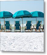 Destin Florida Six Beach Chairs And Three Umbrellas Metal Print