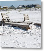 Destin Florida Wooden Beach Chairs On Sand With Beach Houses Metal Print