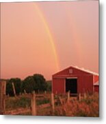 Double Rainbow Over Red Barn Metal Print