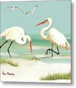 Egrets Crabbing Metal Print