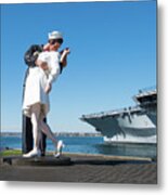Embracing Peace Sculpture And Uss Midway Aircraft Carrier Metal Print