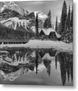 Emerald Lake Winter Sunset Reflections Black And White Metal Print
