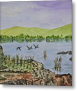 Enjoying The Lake From The Rocky Shore Metal Print
