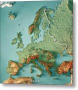 Europe 3d Render Topographic Map Color Border Metal Print