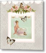 Fairy Teacups - Flutterbye Butterflies And English Rose Damask Metal Print
