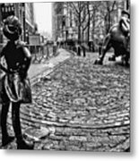 Fearless Girl And Wall Street Bull Statues 3 Bw Metal Print
