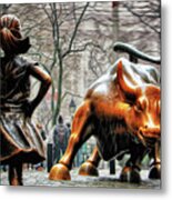Fearless Girl And Wall Street Bull Statues Metal Print