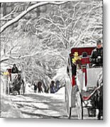 Festive Winter Carriage Rides Black And White Metal Print