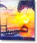 Fiery Tropical Sunset Overwater Bungalow Metal Print