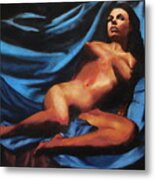 Fine Art Nude Multimedia Painting Tanya Sitting Reclined On Blue Metal Print