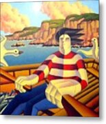 Fisherman In Boat With Seagulls And Cliffs Metal Print