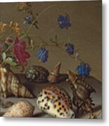 Flowers, Shells And Insects On A Stone Ledge Metal Print