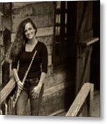 Flute Player At The Log Home Metal Print